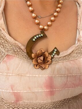 Peach Pearl Necklace with Floral and Crystal Pendant Gypsy South